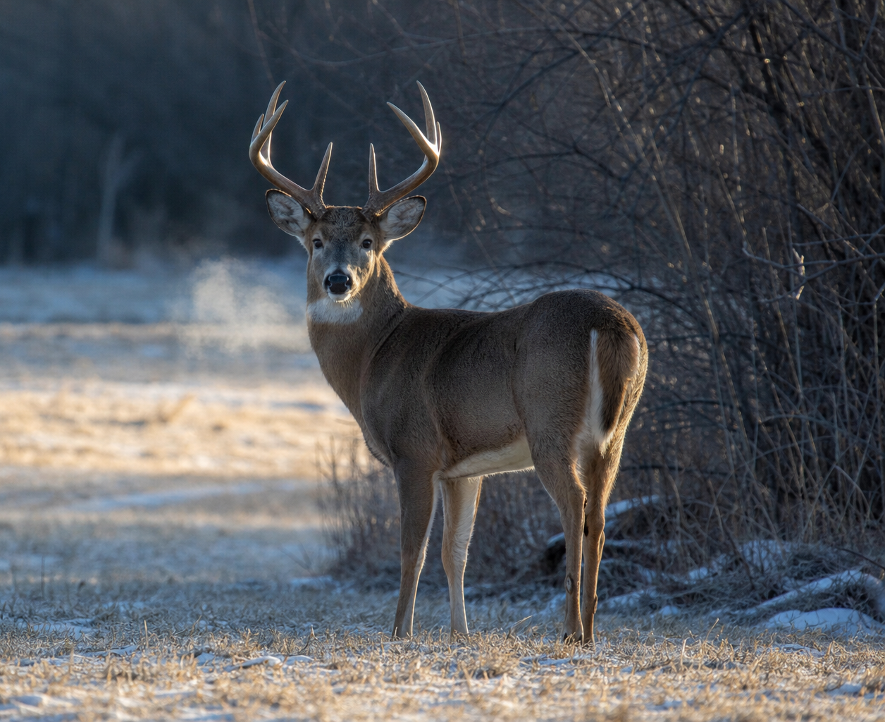 Whitetail buck standing at the edge of a frosty field on a cold morning