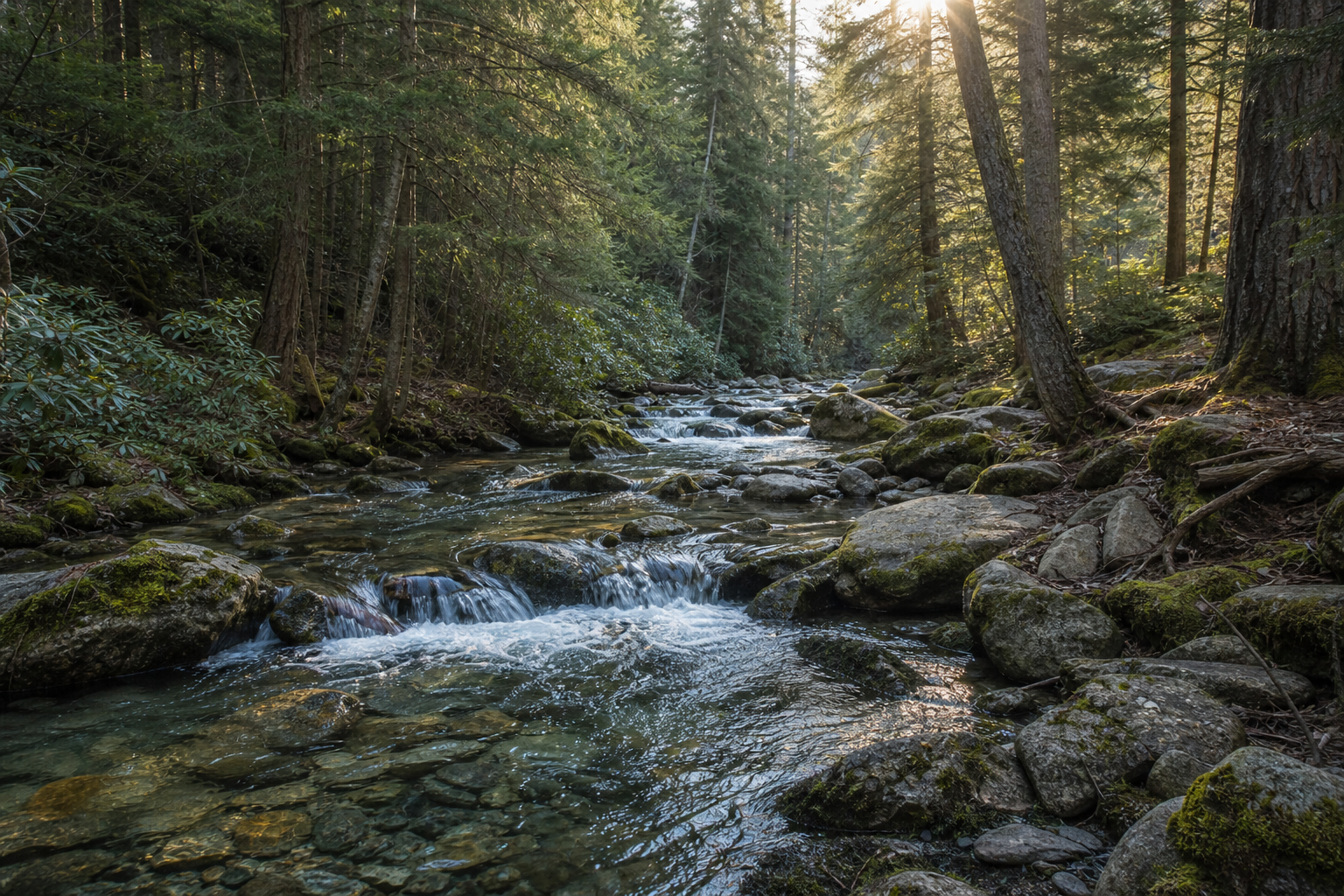Creek running through the woods in morning light