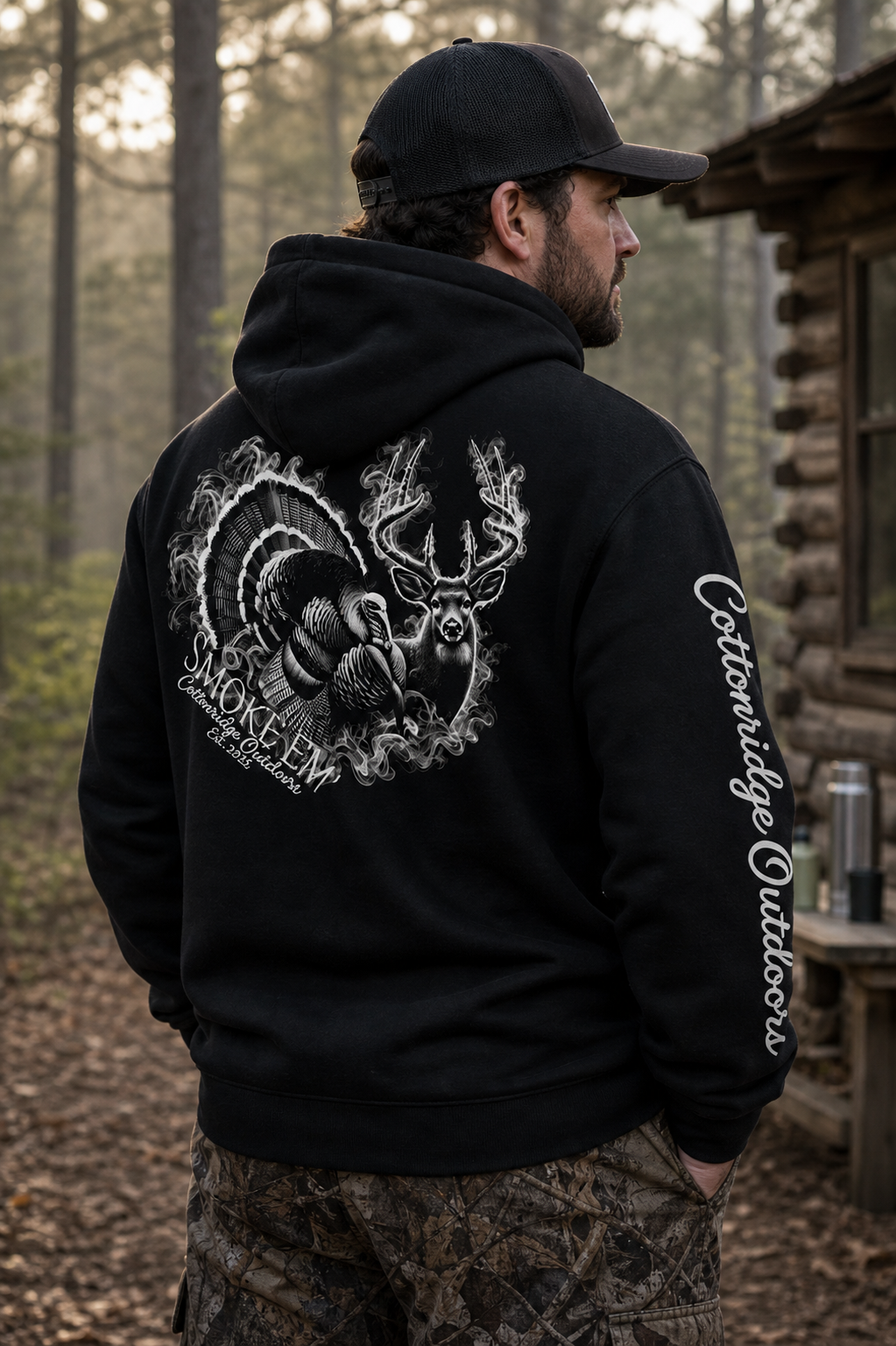 Cottonridge Outdoors black hoodie with smoke turkey deer back print