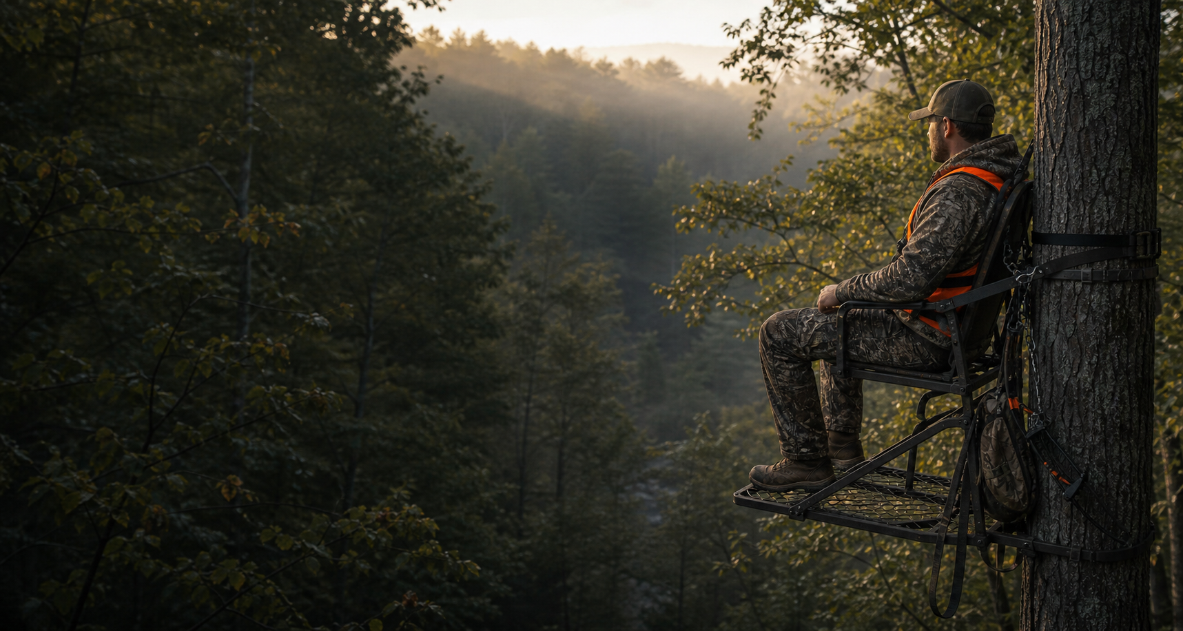 Hunter in a tree stand in a wooded ridge setting