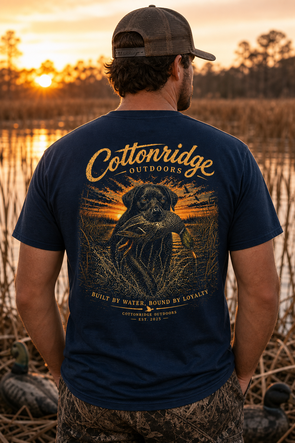 Cottonridge Outdoors black t-shirt with lab duck sunrise back print