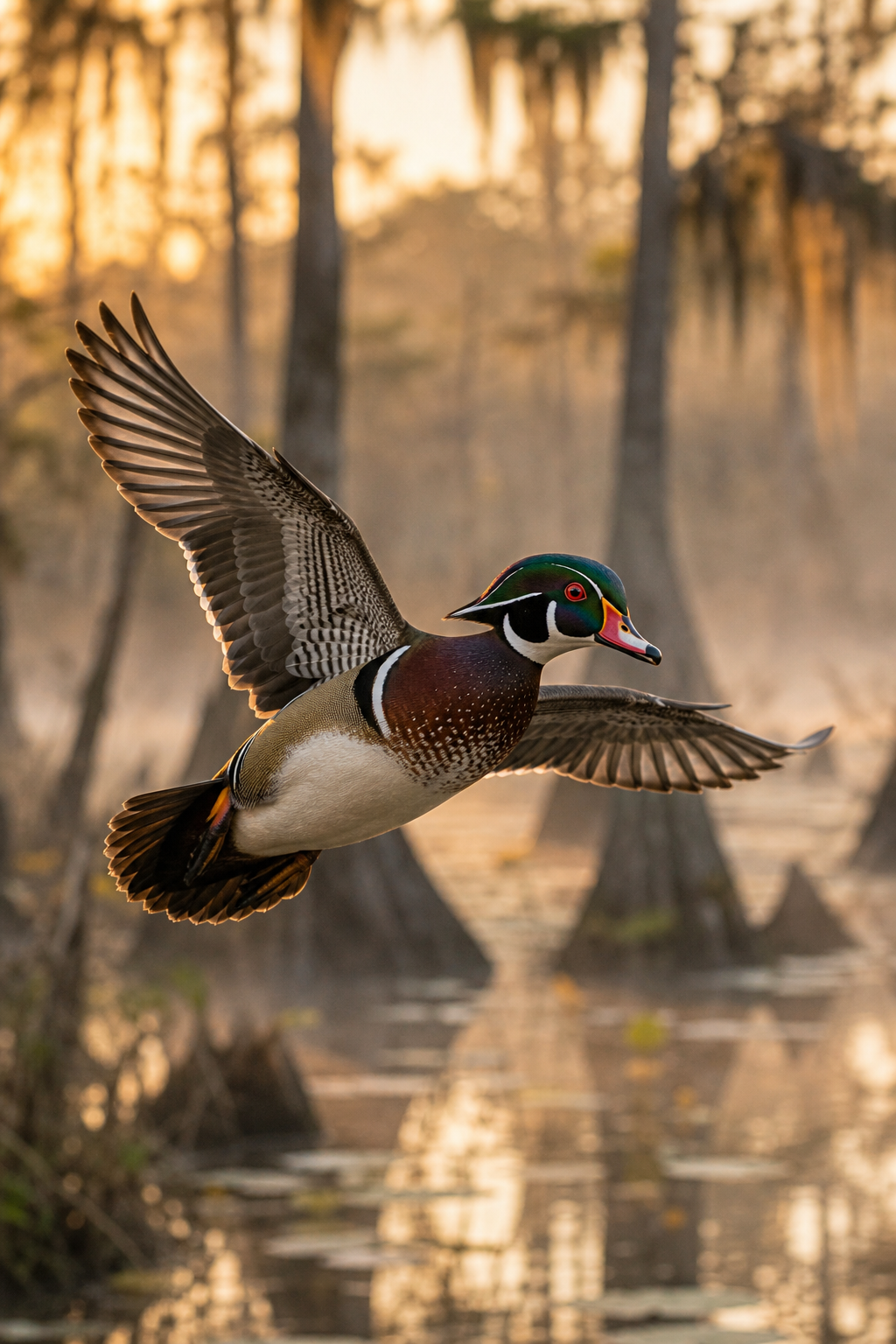 Colorful wood duck flying over wetland water in early morning light